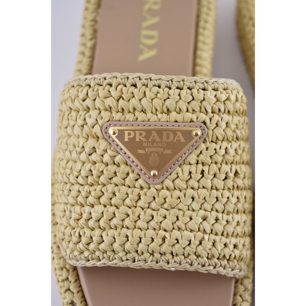 Prada Crochet Raffia Platform Slide Natural Beige Logo Mule Wedge Sandal 40 - Picture 14 of 16
